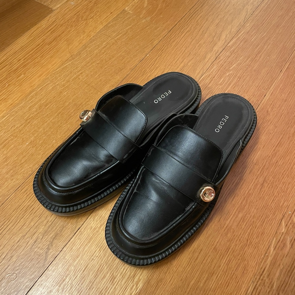 Love these Pedro slide on loafers with their gold button detailing!